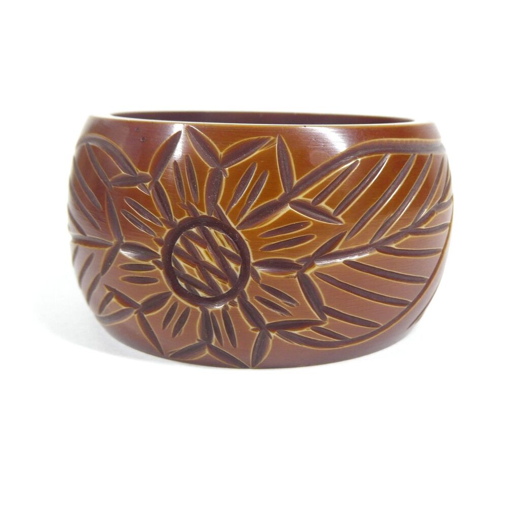 Carved Bangle Bracelet Floral Pattern Vintage Chunky Wide Brown Bakelite? MCM